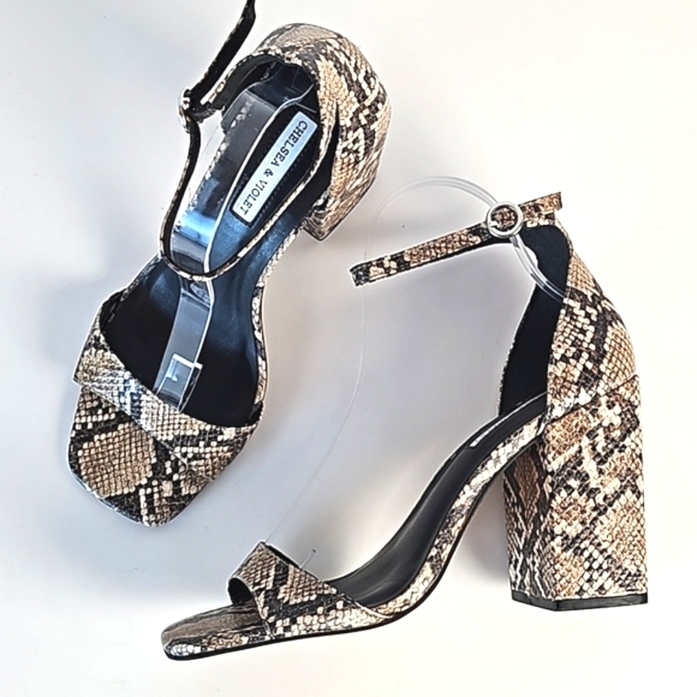 Chelsea & Violet Tara Leather Snake Print Block Heel Ankle Strap Sandal - Picture 4 of 16